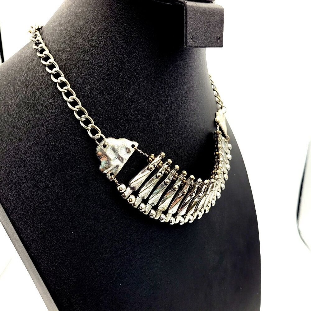 Vintage Silver & Gold-Tone Beaded Statement Necklace Chain Adjustable Closure - Picture 2 of 5